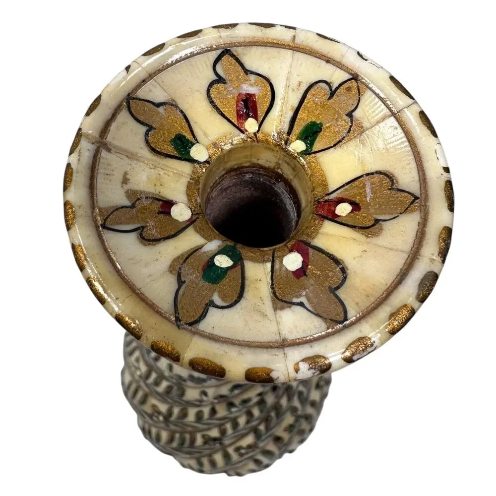 Vintage Moroccan Inlaid Bone Vase Scrimshaw 8.5